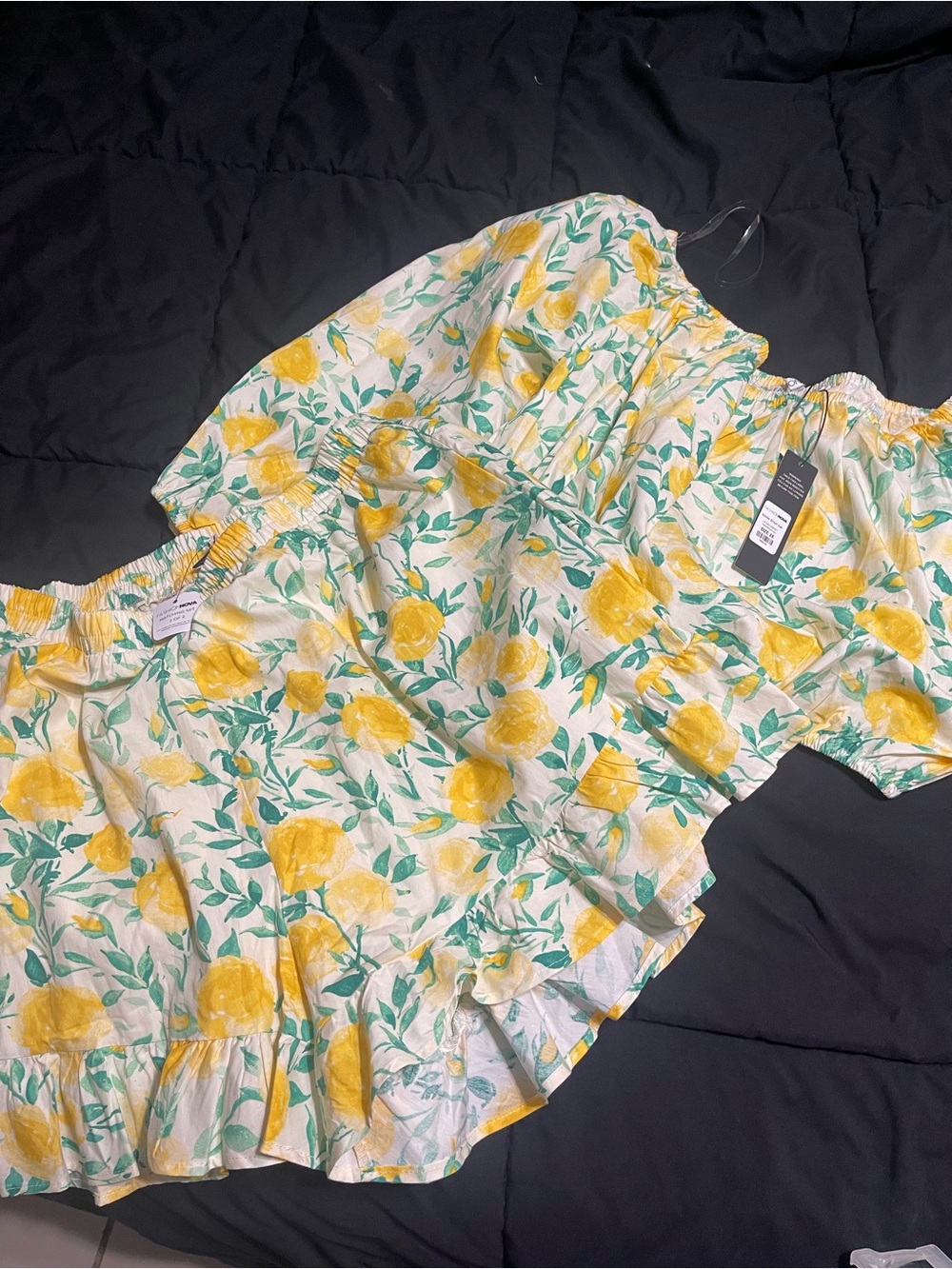 Fashion Nova Yellow Floral Off-Shoulder Two-Piece Pajama Set